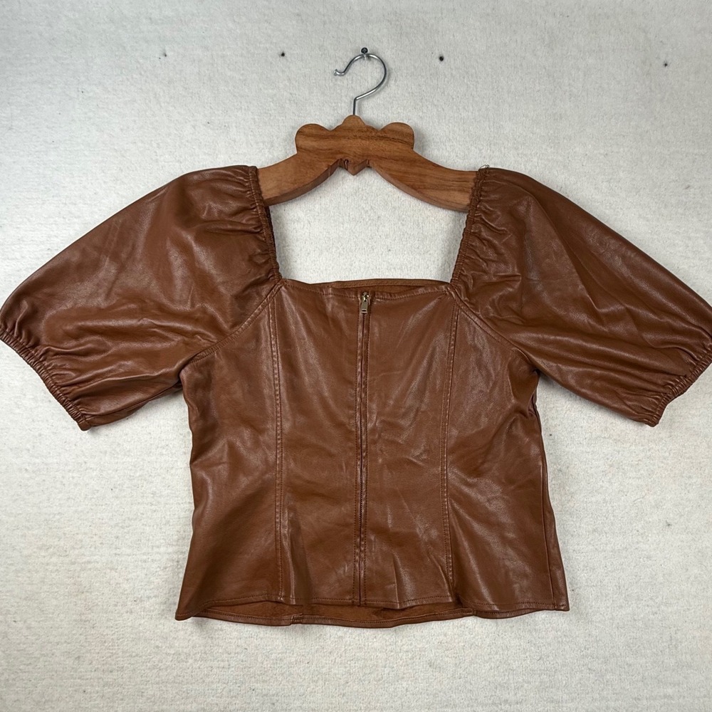 Marc New York Brown Faux Leather Puff Sleeve Top M romantic dark academia chic - Picture 7 of 10